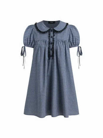 100% Baumwolle Peter-Pan-Kragen Karo Spitzeverzierter Ballonärmel Knoten Mini Kleid