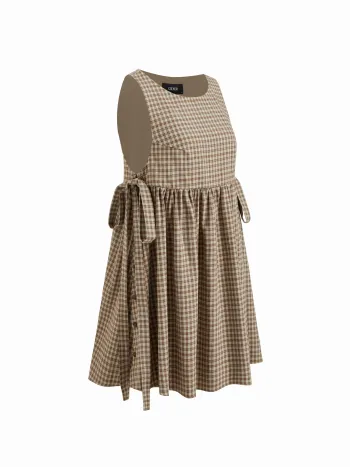 Flannel Mini-Kleid mit runder Halslinie, Tartandruck, Knopfleiste und Knopflochverschluss an der Seite und gekräuseltem Saum