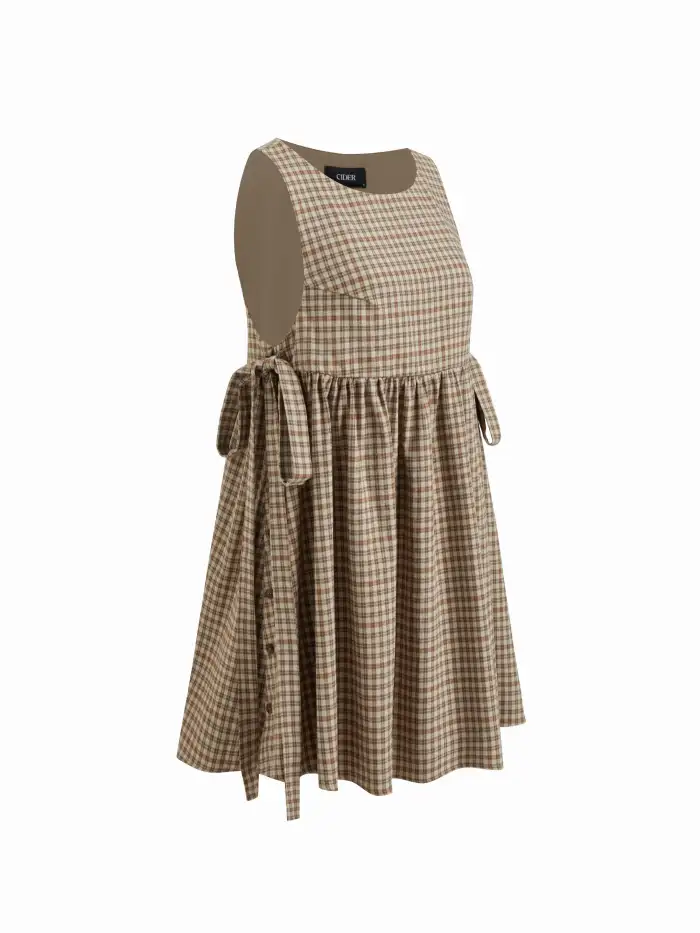 Flannel Round Neckline Tartan Tie Side Knotted Ruffle Hem Mini Dress