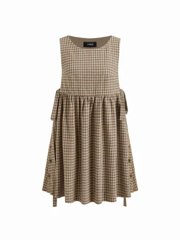 Flannel Mini-Kleid mit runder Halslinie, Tartandruck, Knopfleiste und Knopflochverschluss an der Seite und gekräuseltem Saum