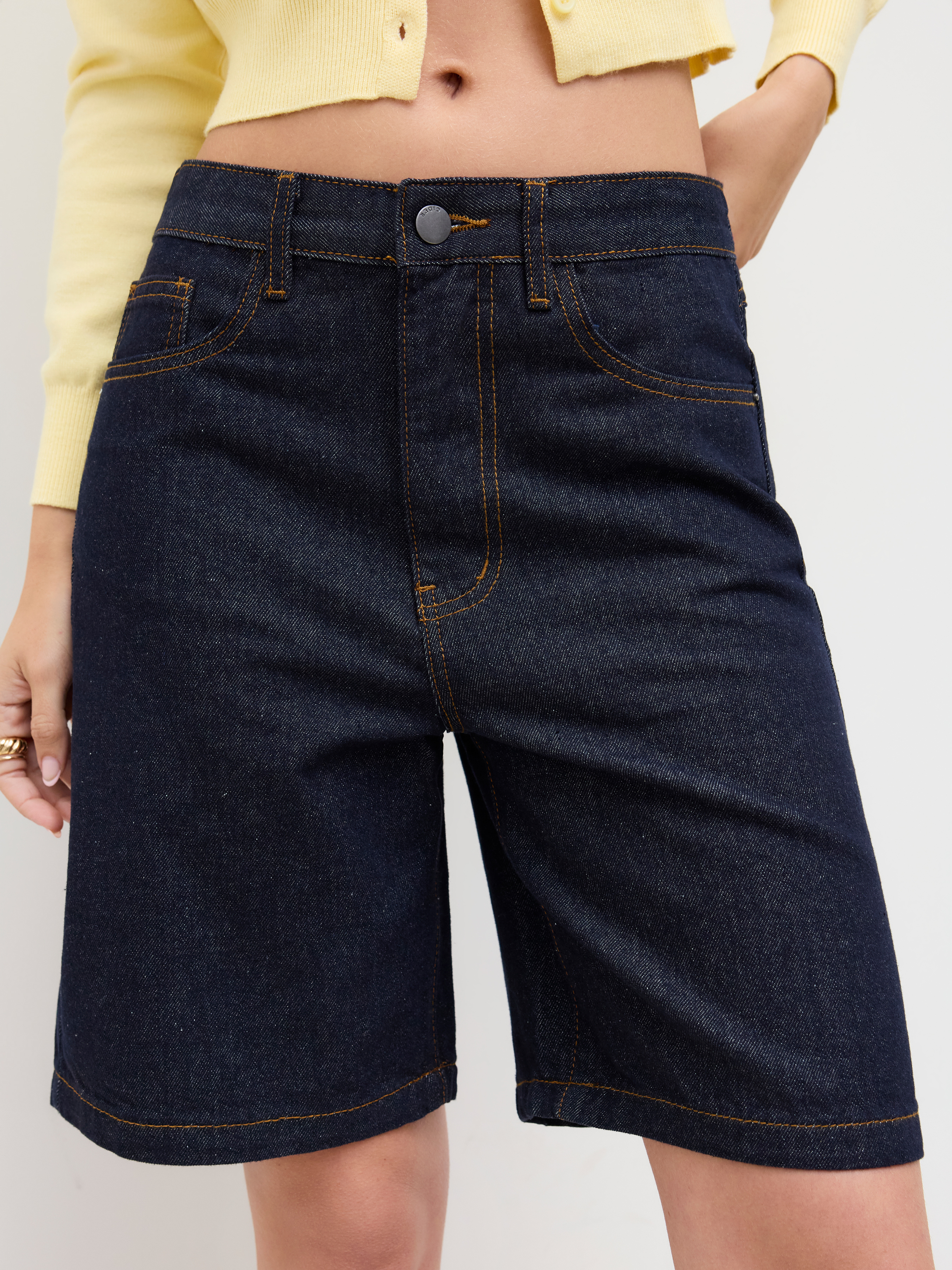 【DEARMINE】Belt Denim Bermuda Pants Denim Denim Mid Rise Solid Baggy Jorts With Belt For School