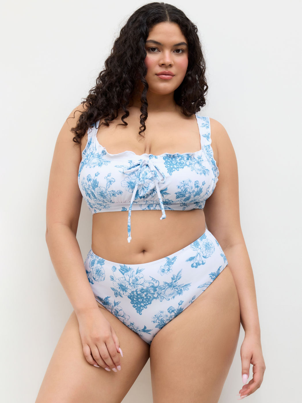 Square Neck Floral Lettuce Trim Knotted Bracelet Full Coverage Bikini Set Curve & Plus