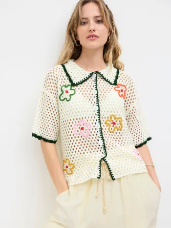 Strickkragen, floral, ausgehöhlt, durchsichtiges, übergroßes Strickjacke