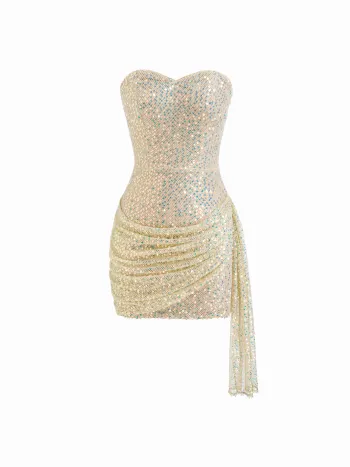 Sequinned Fishnet Draped Bandeau Mini Kleid