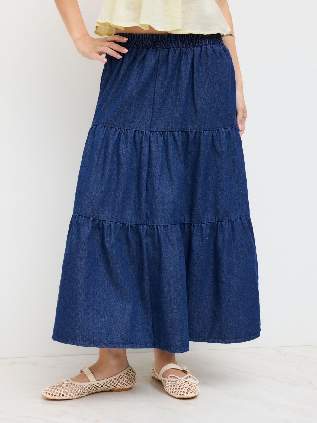 Denim Mid Rise Elastic Waist Tiered Maxi Skirt