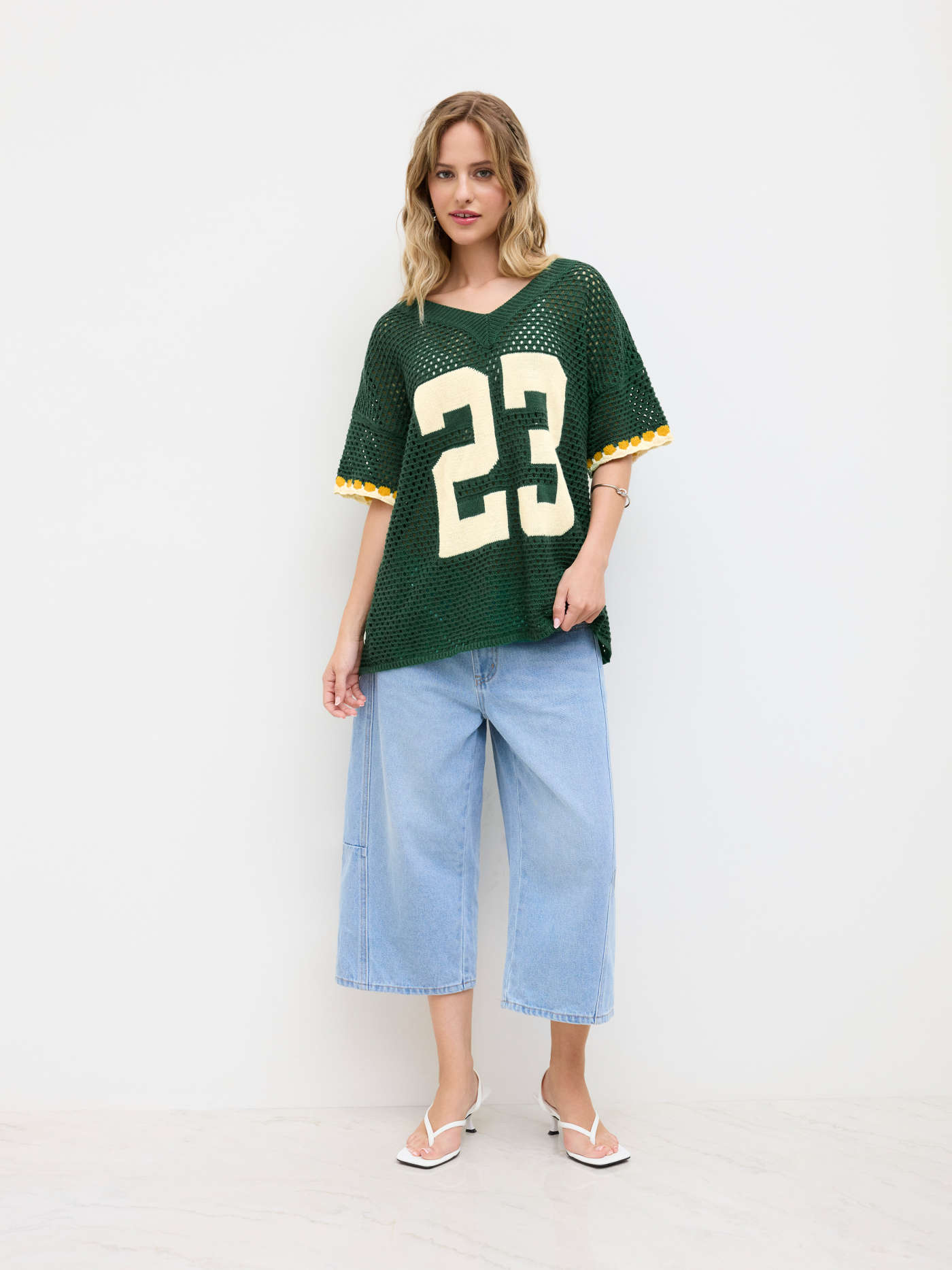 Knit V-neck 23 Graphic Hollow Out Oversized Top