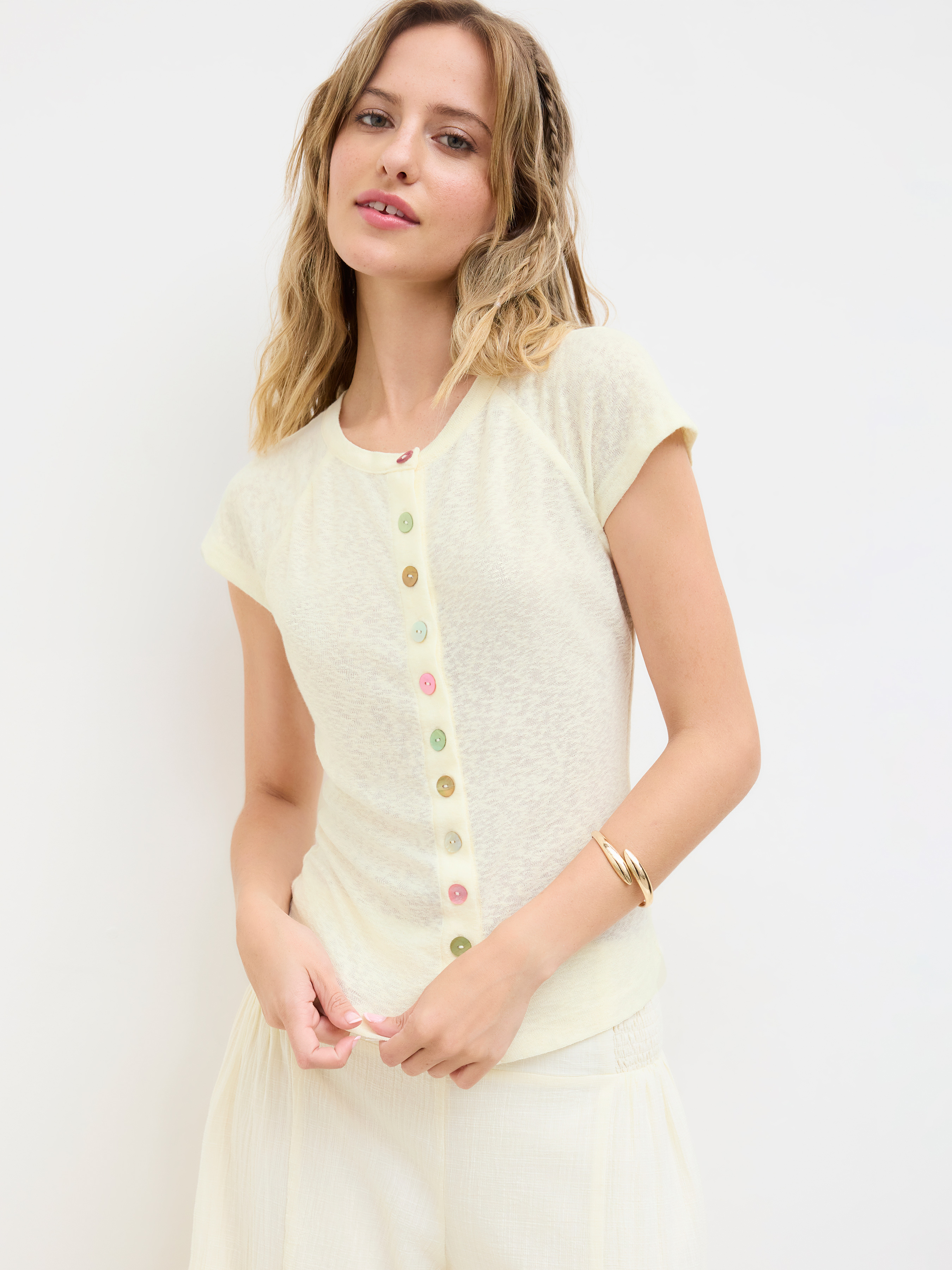 Round Neckline Short Sleeve See-through Button Front Blouse