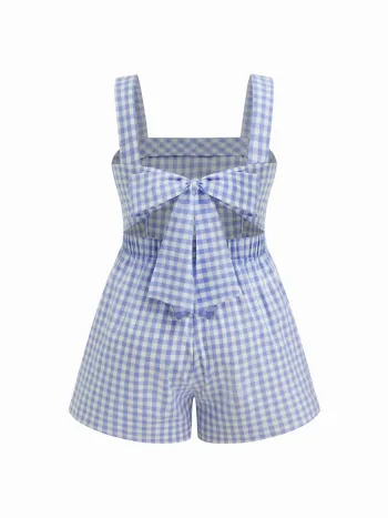 100% Cotton Square Neck Gingham Bowknot Romper Curve & Plus