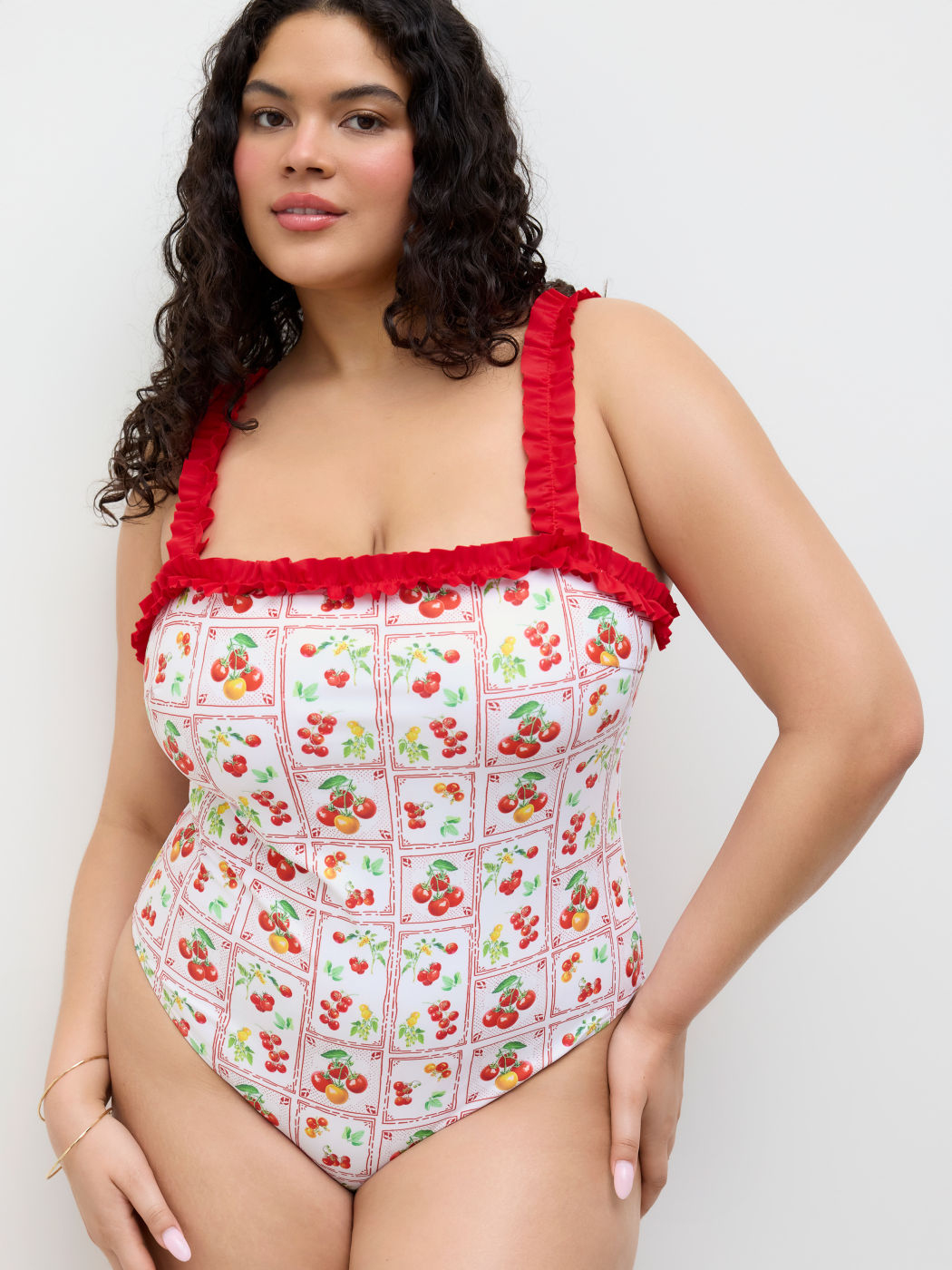 Shaping Square Neck Tomato Lettuce Trim One Piece Swimsuit Curve & Plus