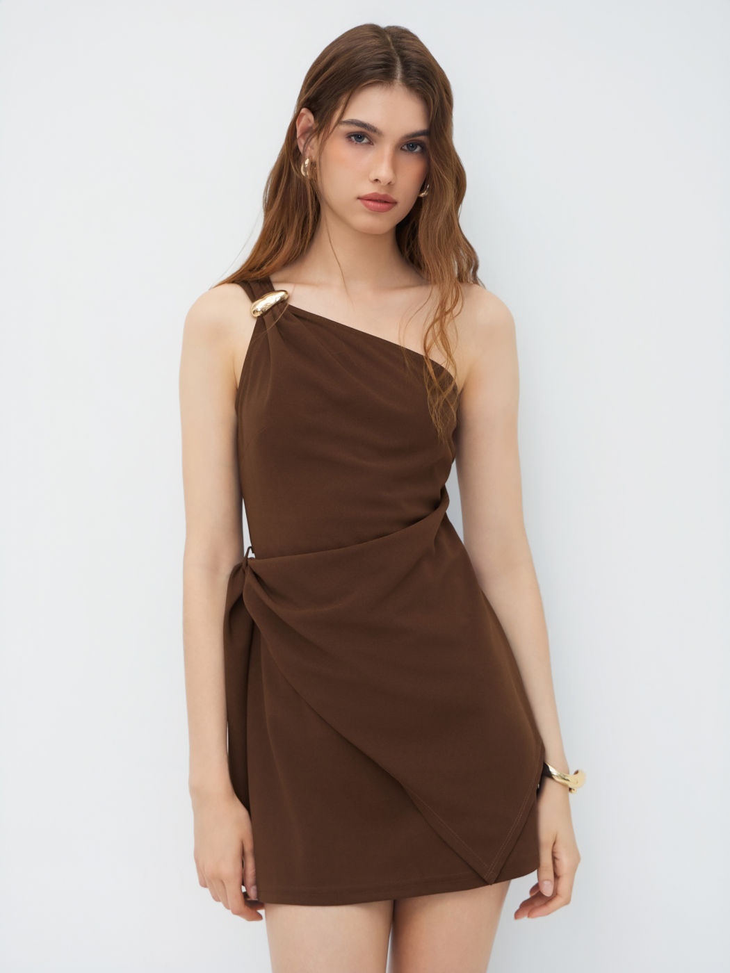 Asymmetrical Neck Metal Detail Draped Mini Dress