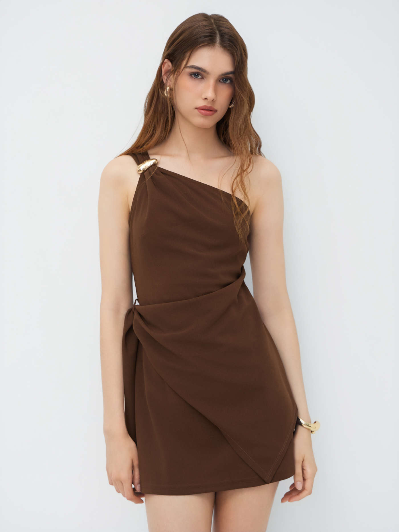 Asymmetrical Neck Metal Detail Draped Mini Dress