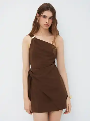 Asymmetrisch Hals Metall-Detail Hängender Mini-Kleid