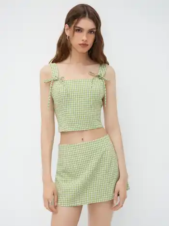 U-Hals Gingham Schleife Crop Tank Top & Mittelhohe Mini-Skirt Set
