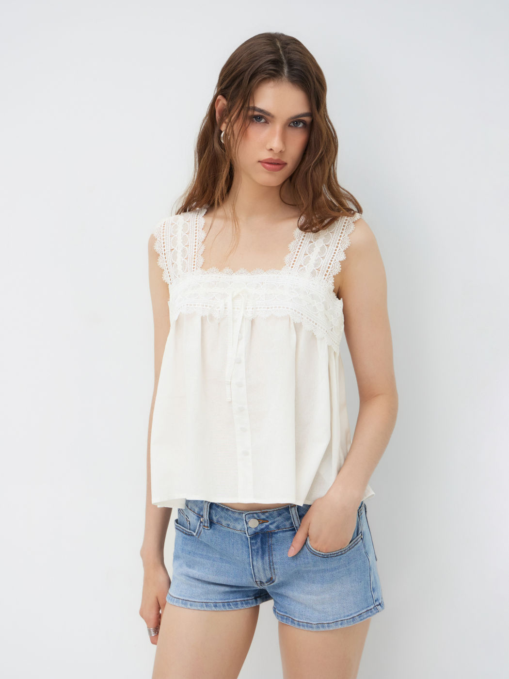 100% Cotton Square Neck Bowknot Cami Top