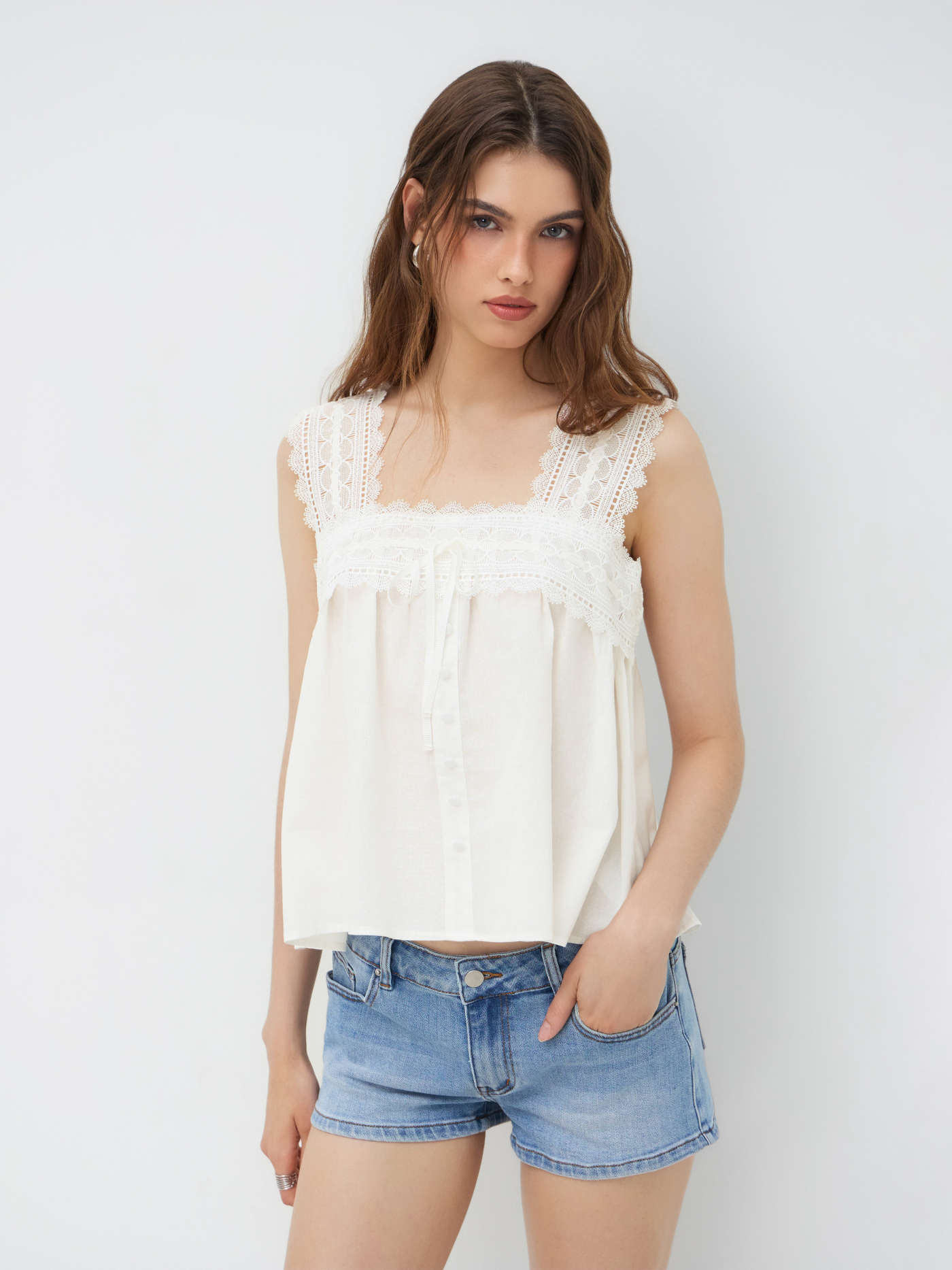 Woven 100% Cotton Square Neck Bowknot Cami Top For Daily Casual