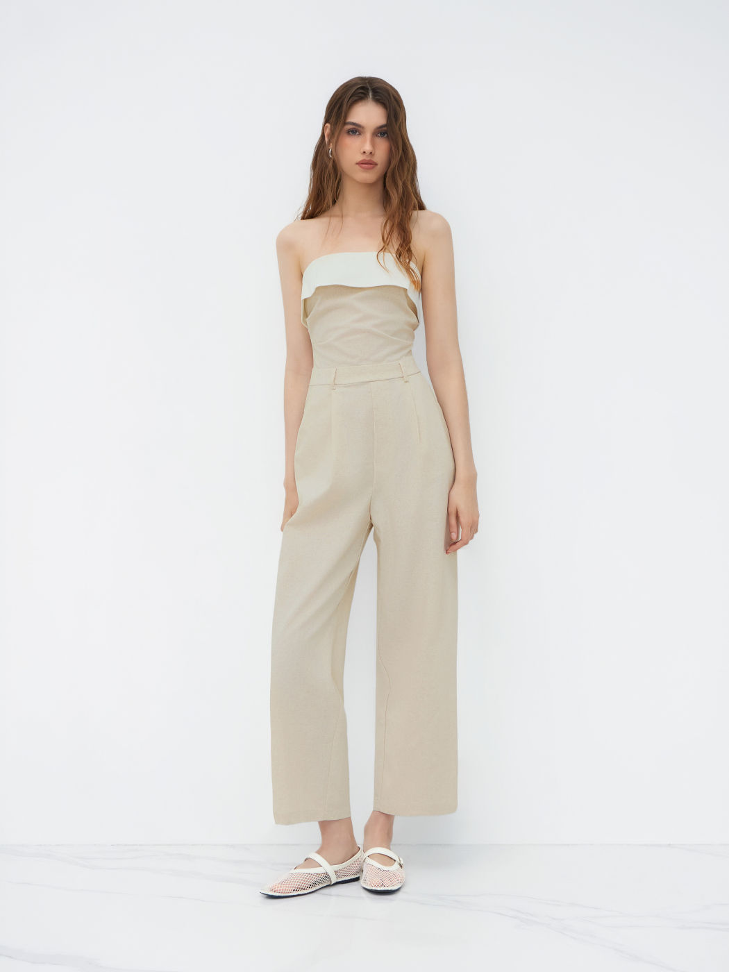 Linen Cotton Solid Pocket Ruched Wide Leg Jumpsuit