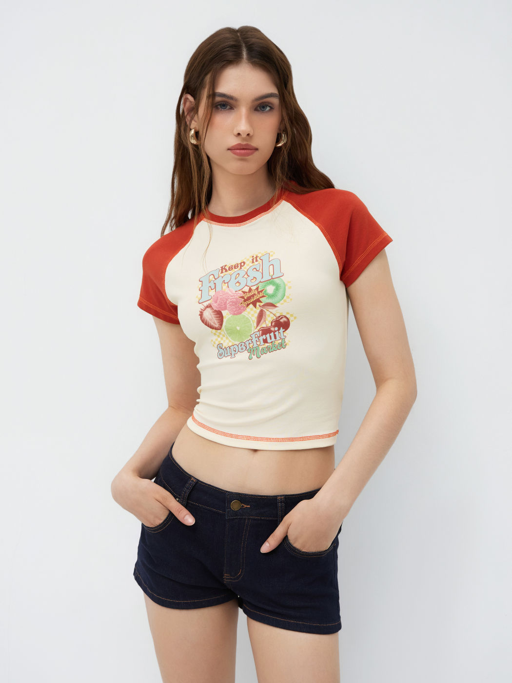 Keep It Fresh Cotton-blend Round Neckline Fruit Raglan Sleeve Tee