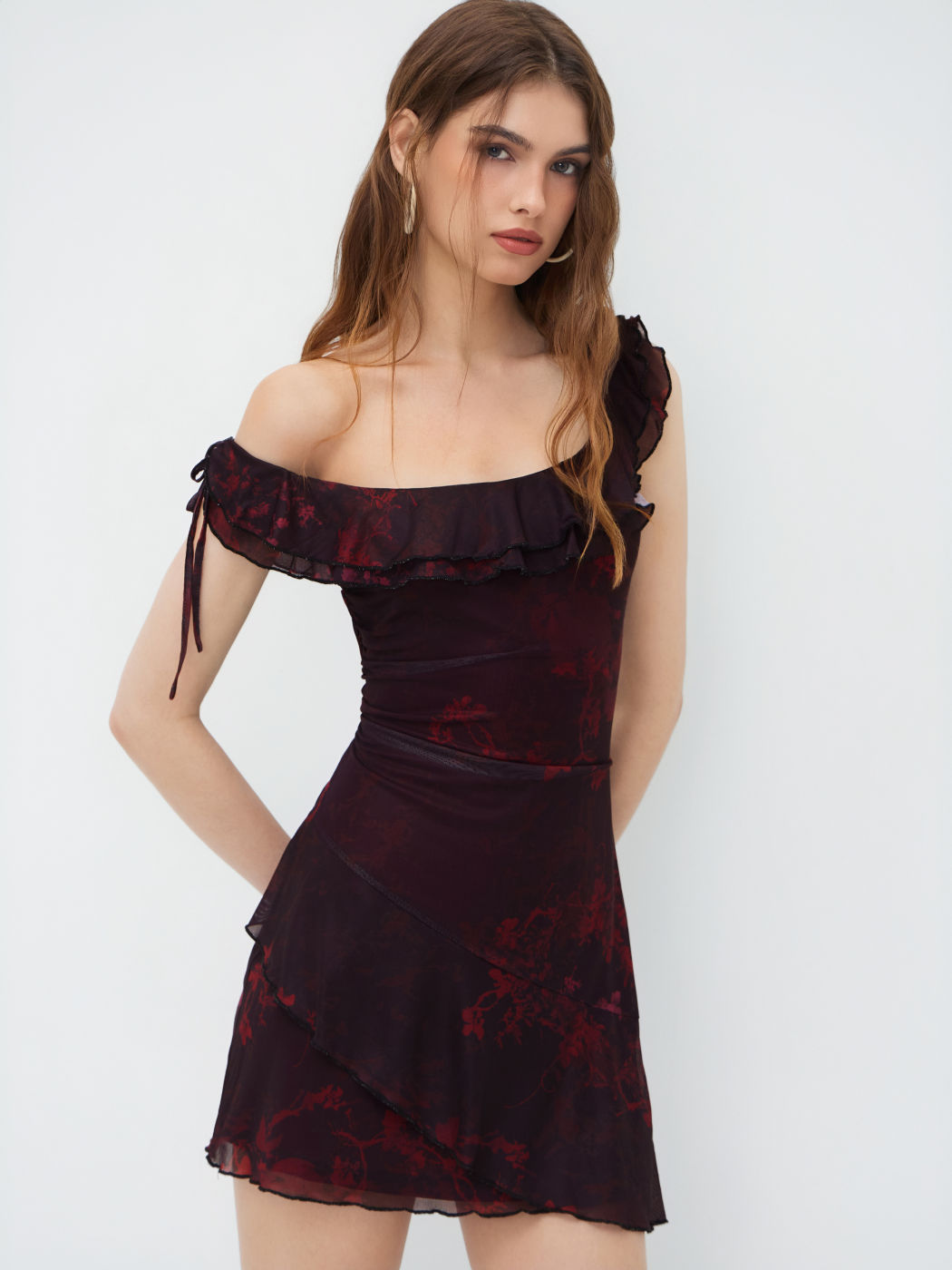 Mesh Asymmetrical Neck Floral Ruffle Hem Ruched Knotted Mini Dress