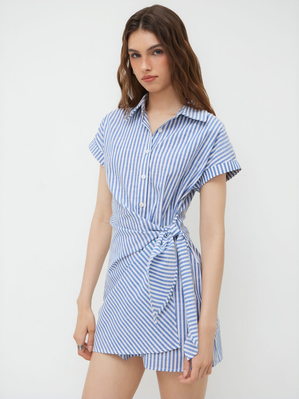 Baumwollmischung Polo-Hals Streifen Mini-Kleid