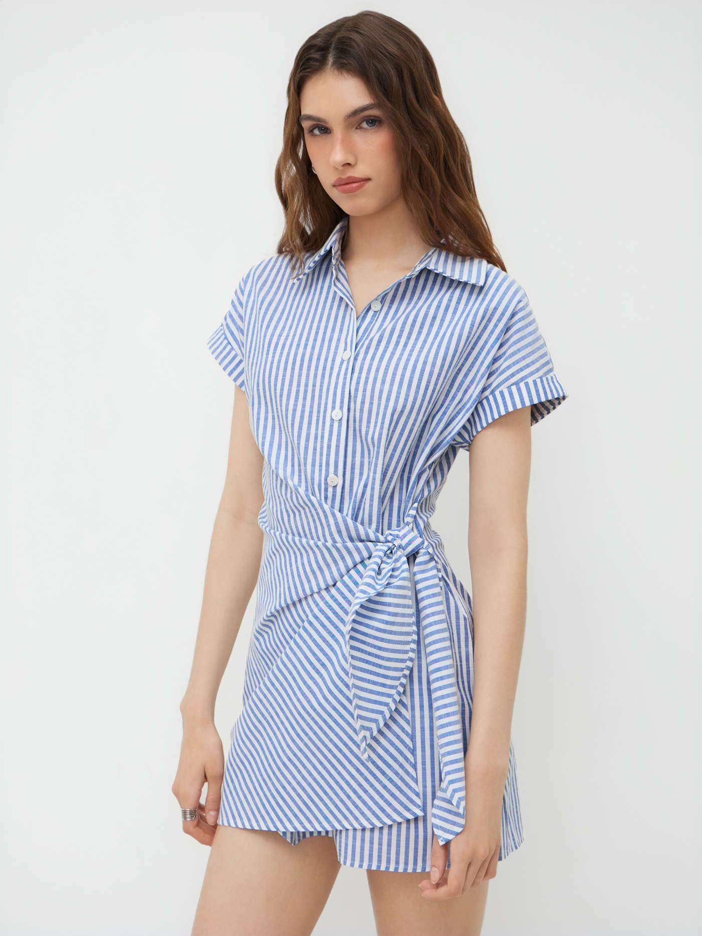 Cotton-blend Polo Collar Striped Draped Mini Dress