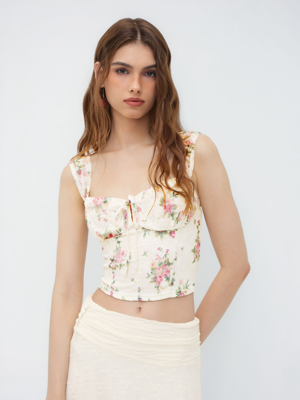 Lace Square Neck Floral Corset Crop Cami Top