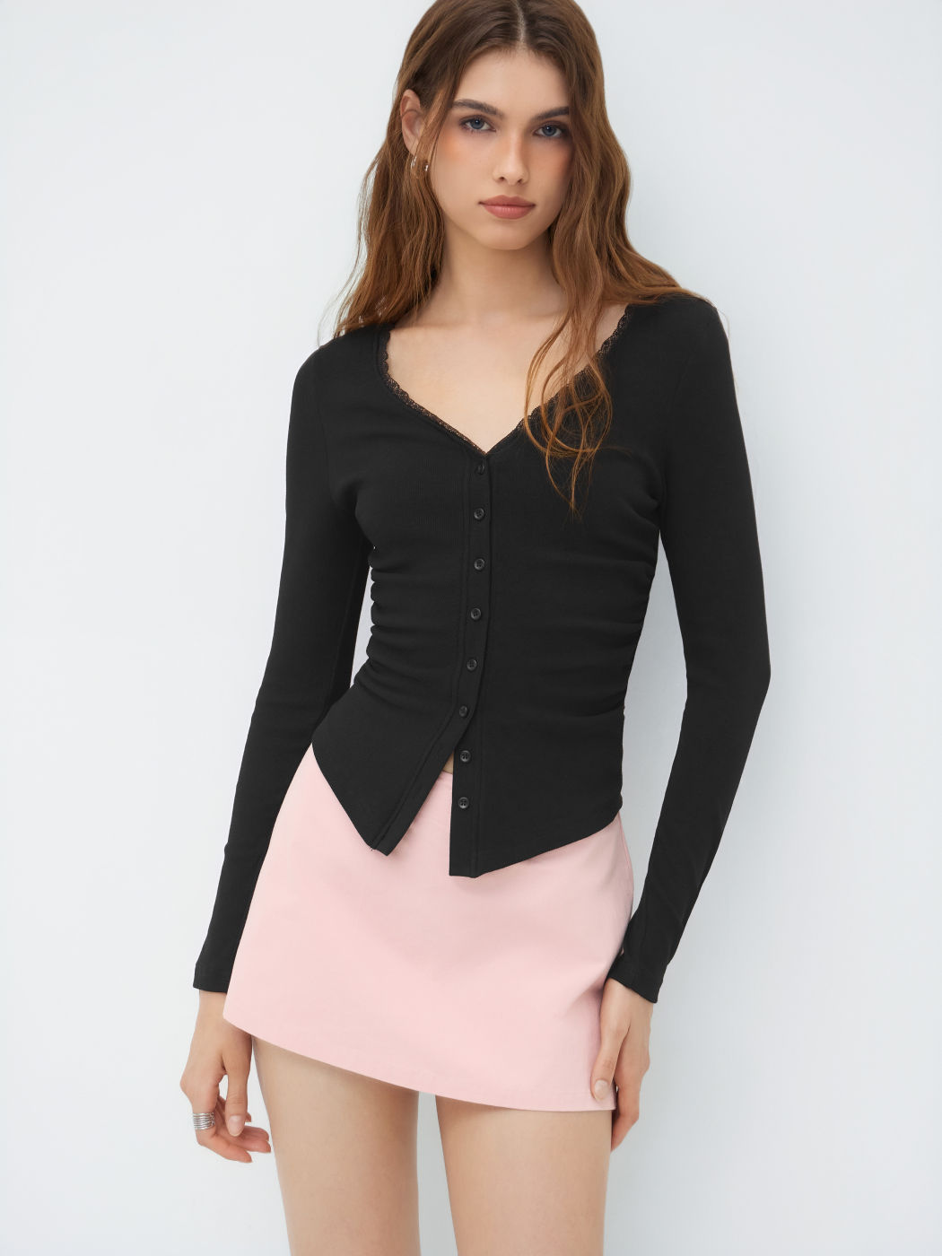 Cotton-blend V-neck Lace Trim Button Up Top