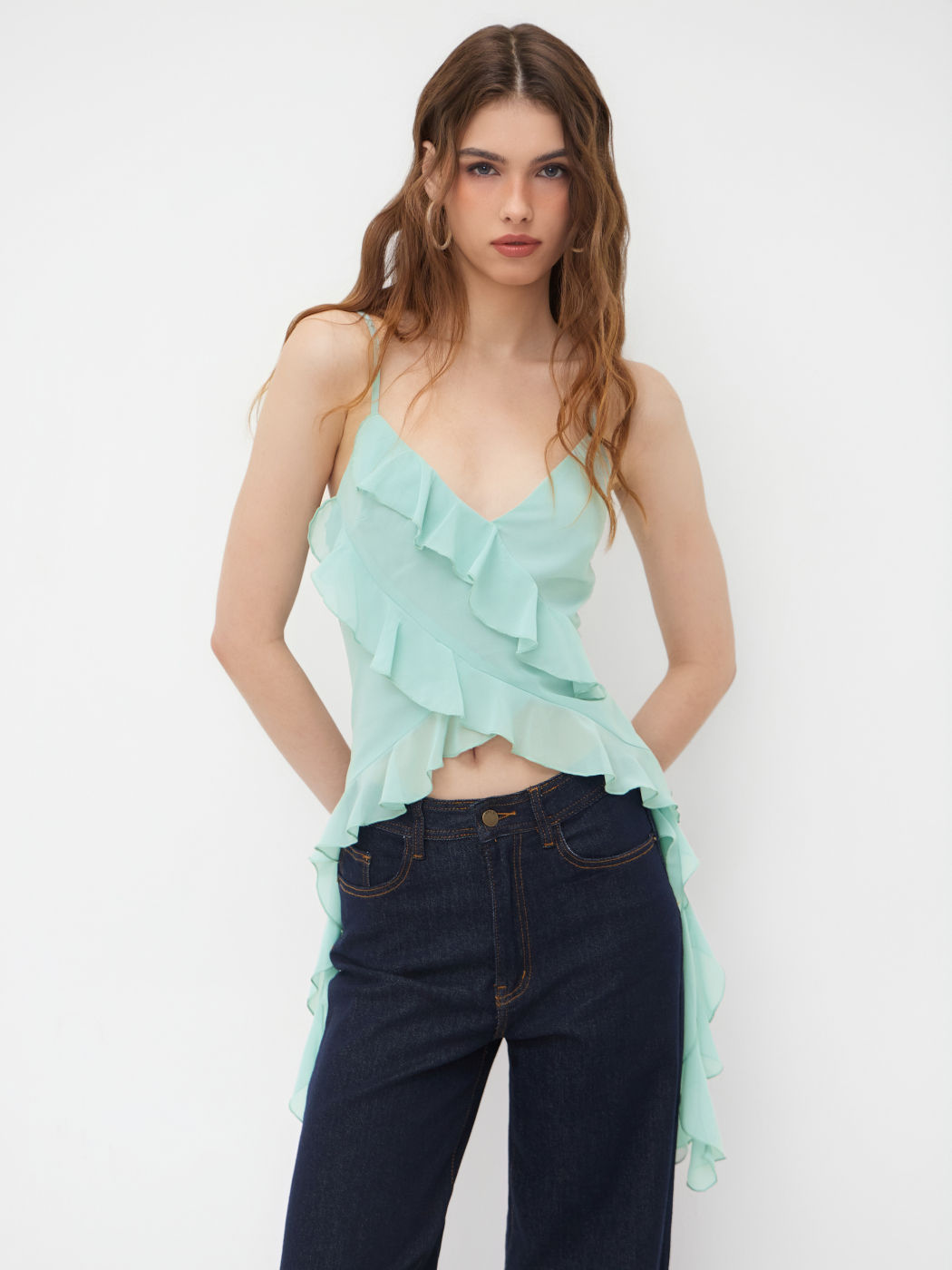 Chiffon V-neck Ruffle Hem Cami Top