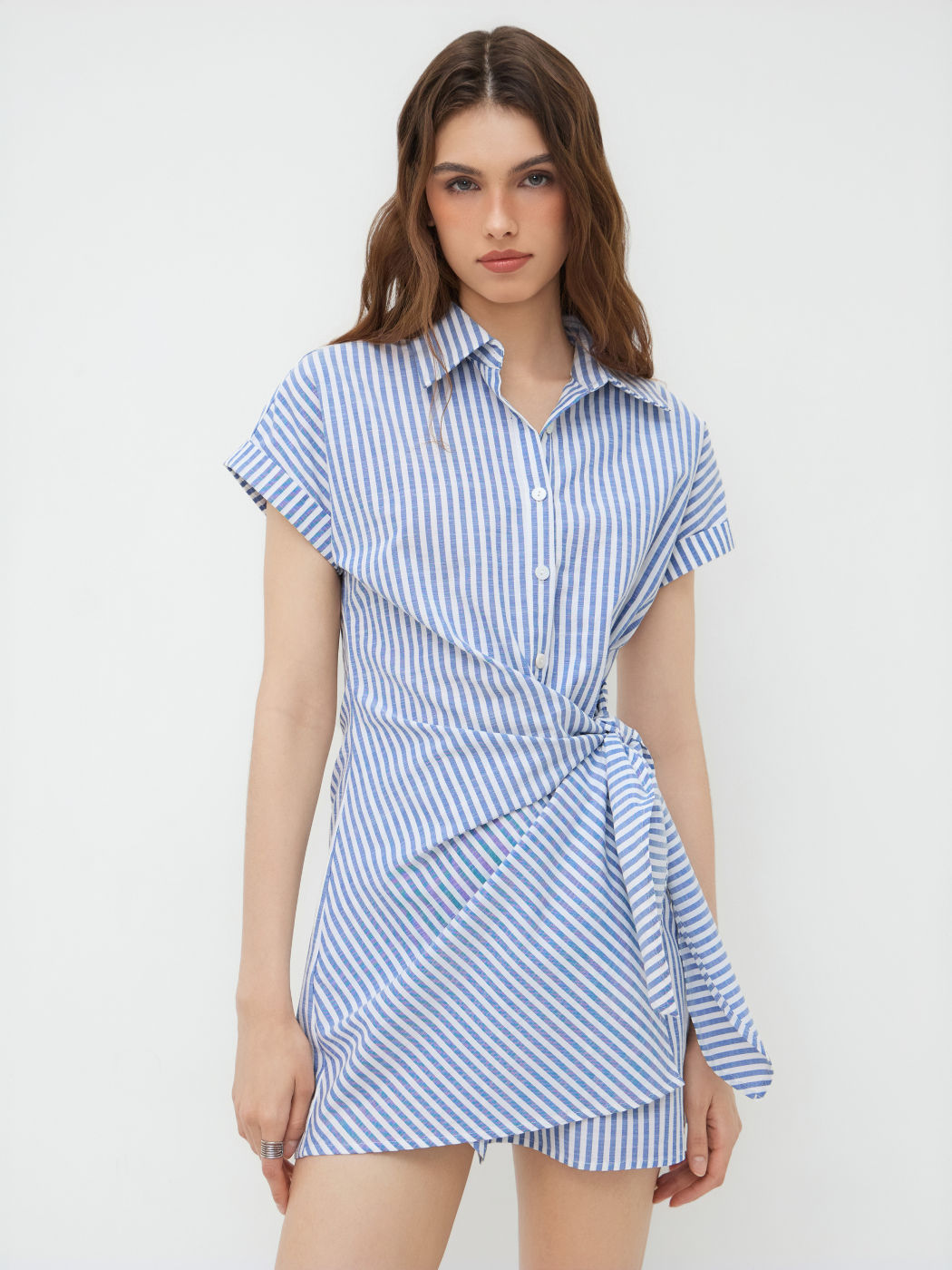 Baumwollmischung Polo-Hals Streifen Mini-Kleid