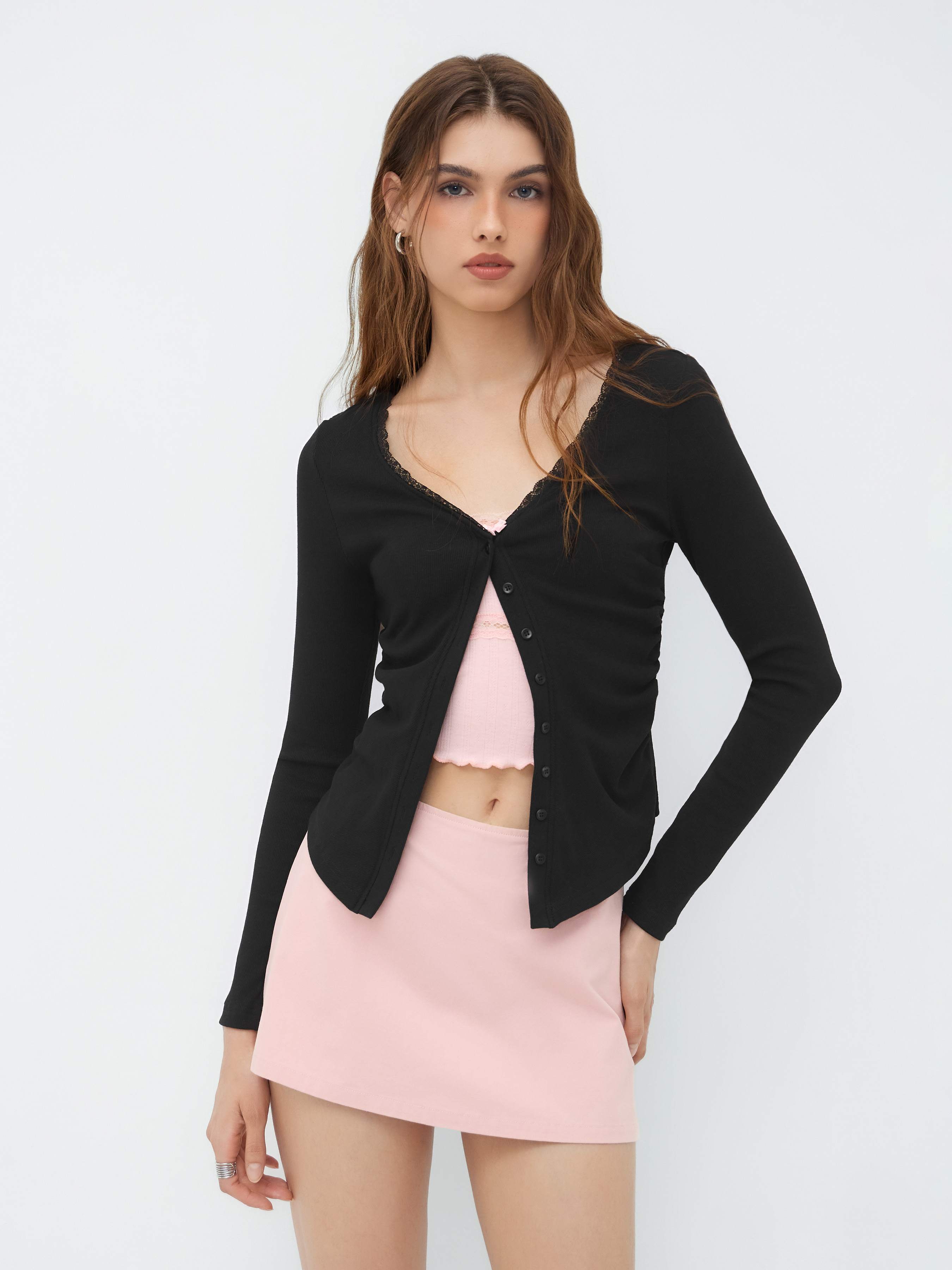 Cotton-blend V-neck Lace Trim Button Up Top