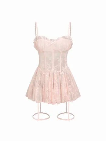 Lace Sweetheart Bowknot Lettuce Trim Lingerie With Brief Set
