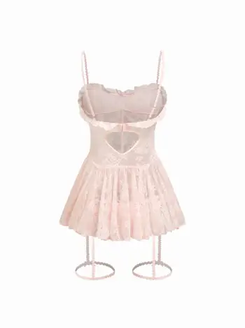 Lace Sweetheart Bowknot Lettuce Trim Lingerie With Brief Set