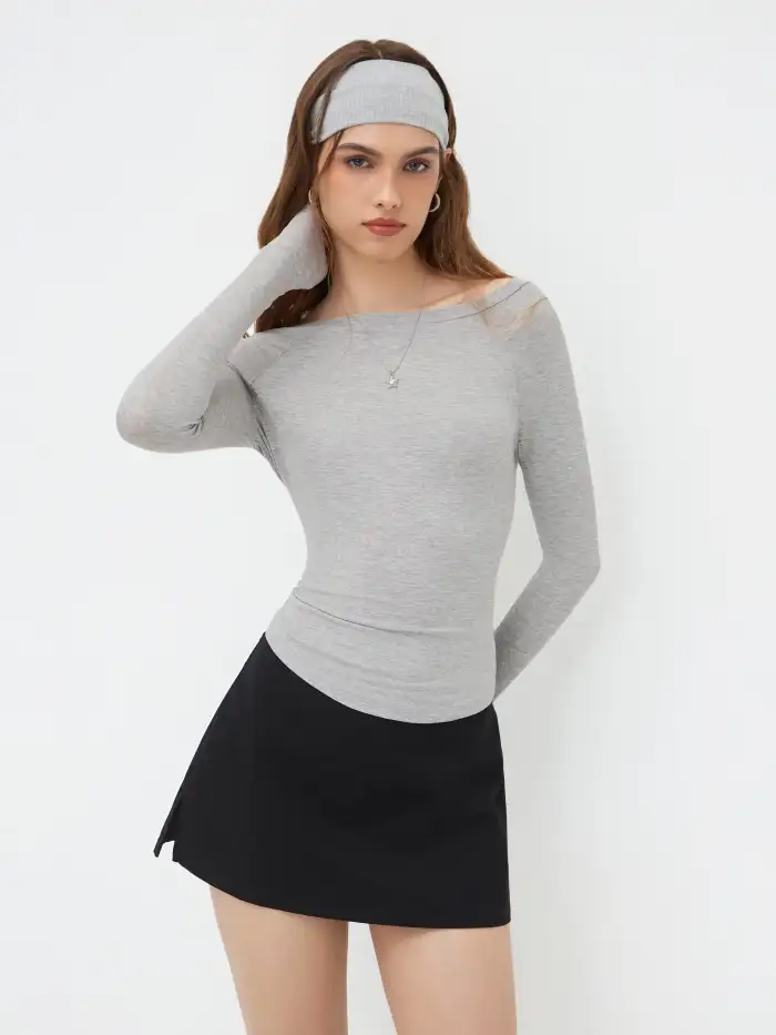 Knit Fabric Solid Square Neck Short Sleeve Bodysuit For Daily Casual