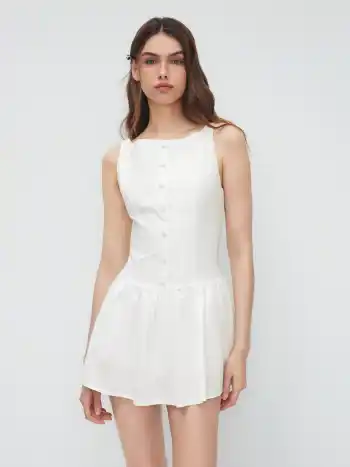 Leinen-Mischung Bootshals Rückenloser Rüschen Minikleid