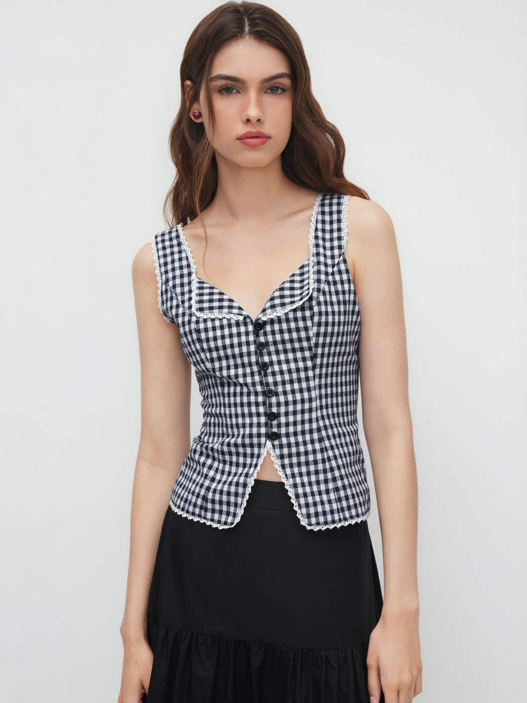 Linen-blend V-neck Gingham Contrasting Binding Blazer Vest