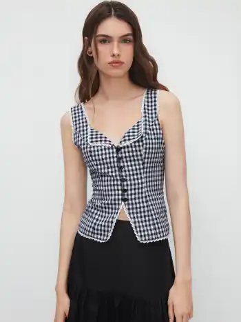 Linen-blend V-neck Gingham Contrasting Binding Blazer Vest