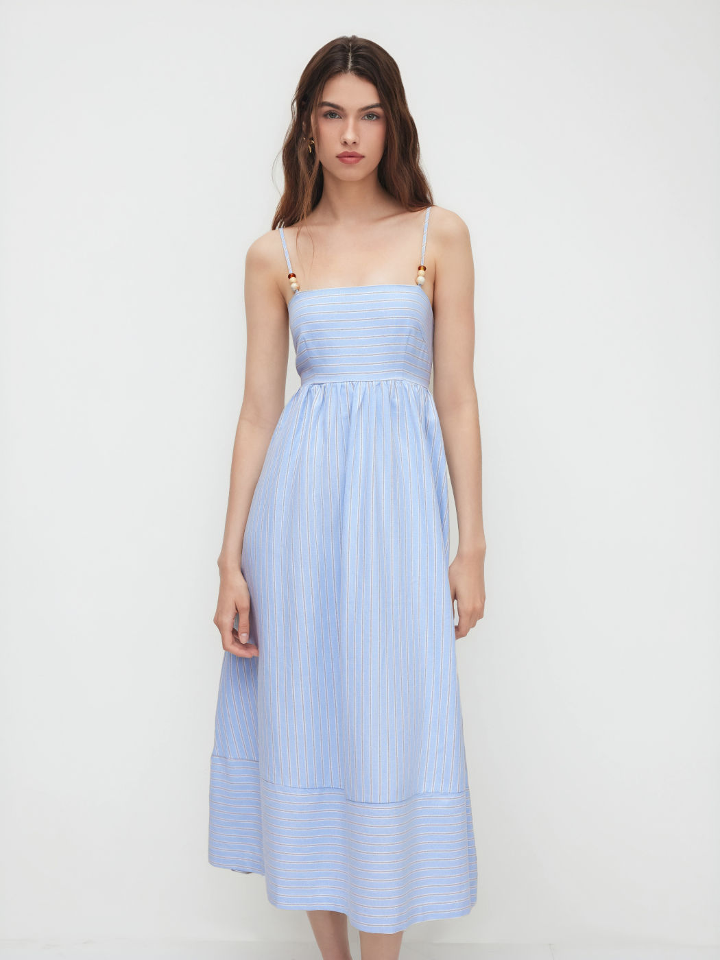 Cotton-blend Stripe Shirred Beaded Cut Out Maxi Dress