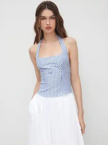 Cotton-blend Halter Neckline Stripe Shirred Curve Hem Top