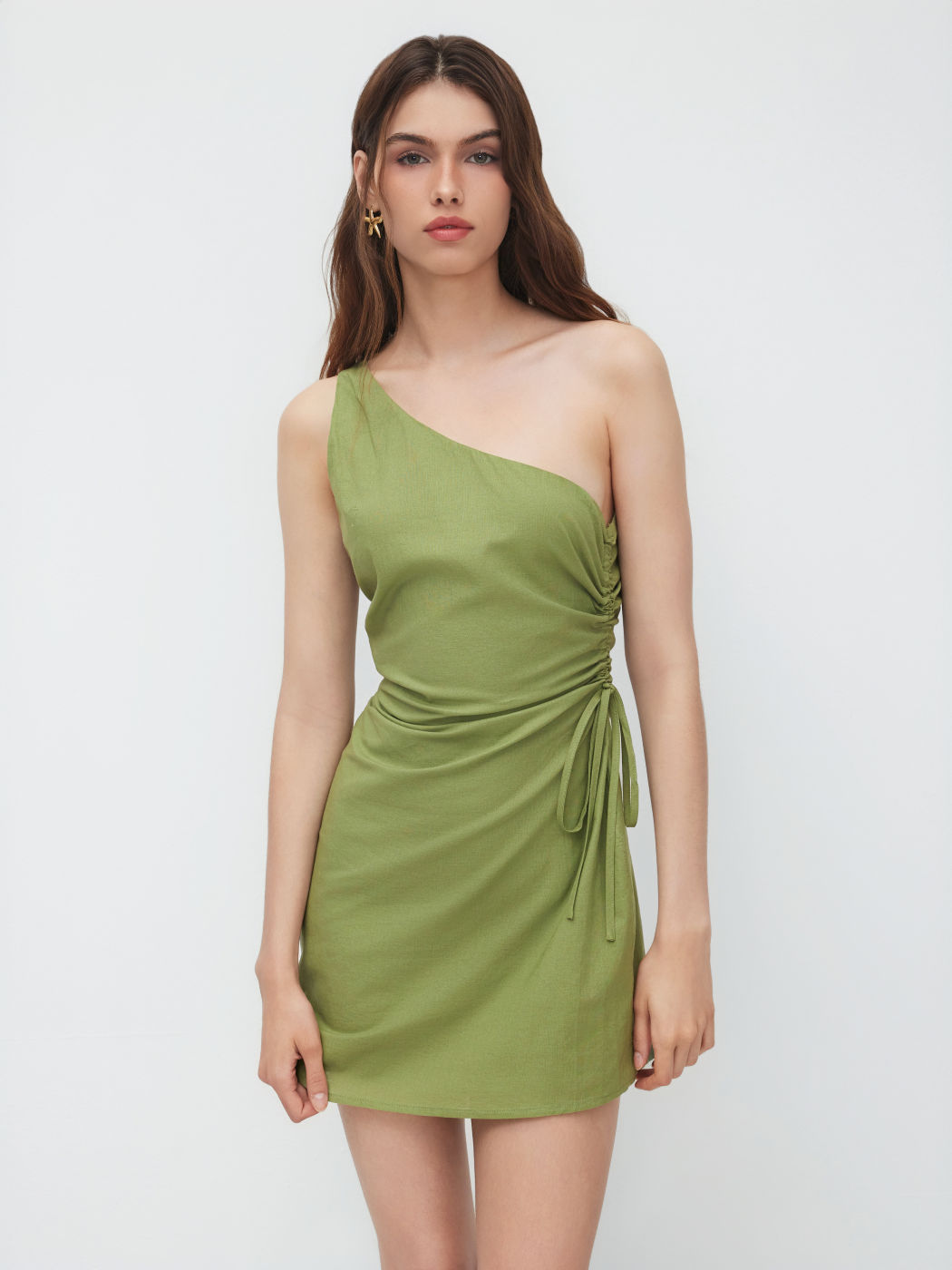 Linen-blend Asymmetrical Neck Drawstring Ruched Mini Dress