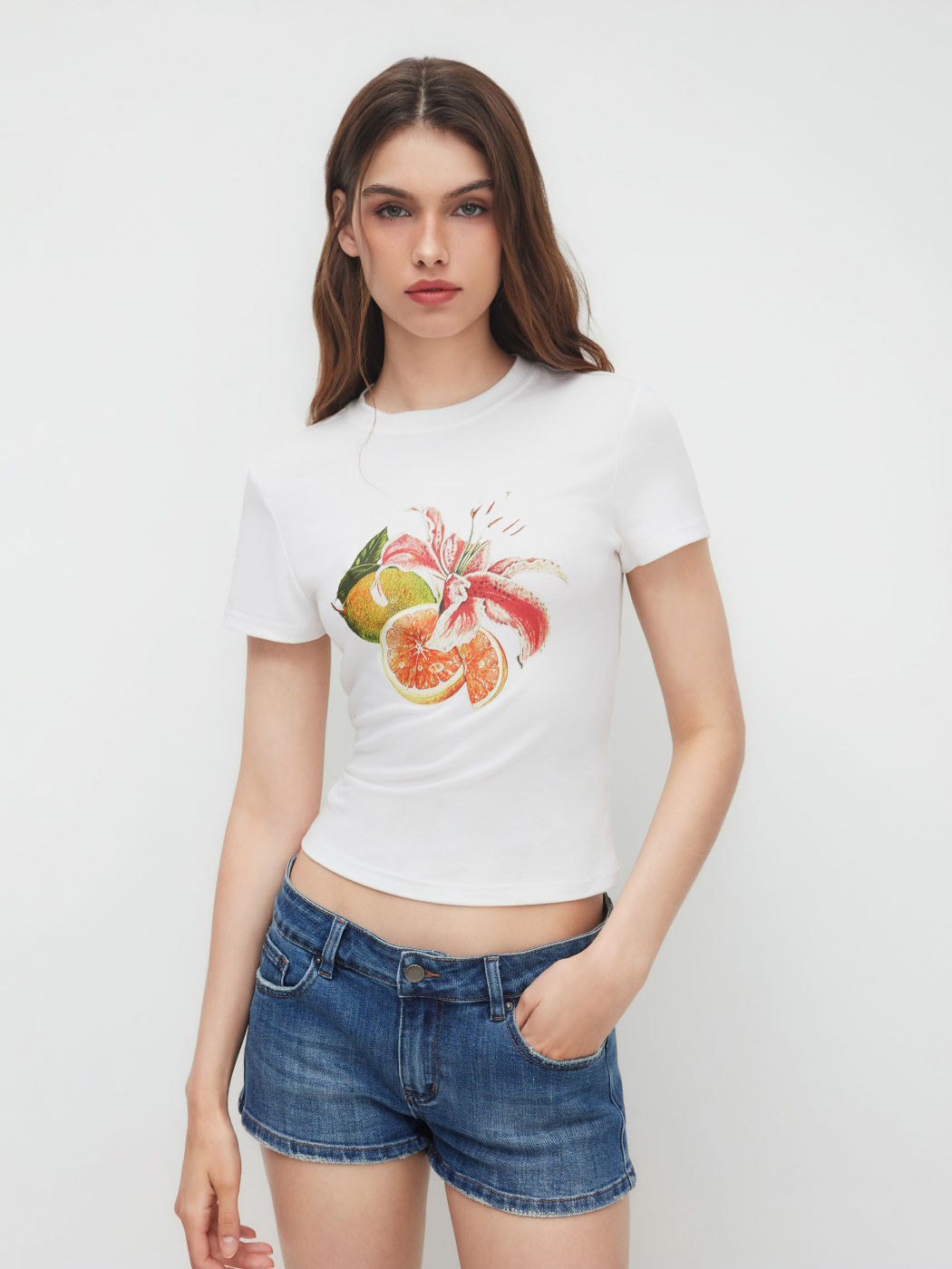 Round Neckline Fruit & Flower Graphic Crop Tee