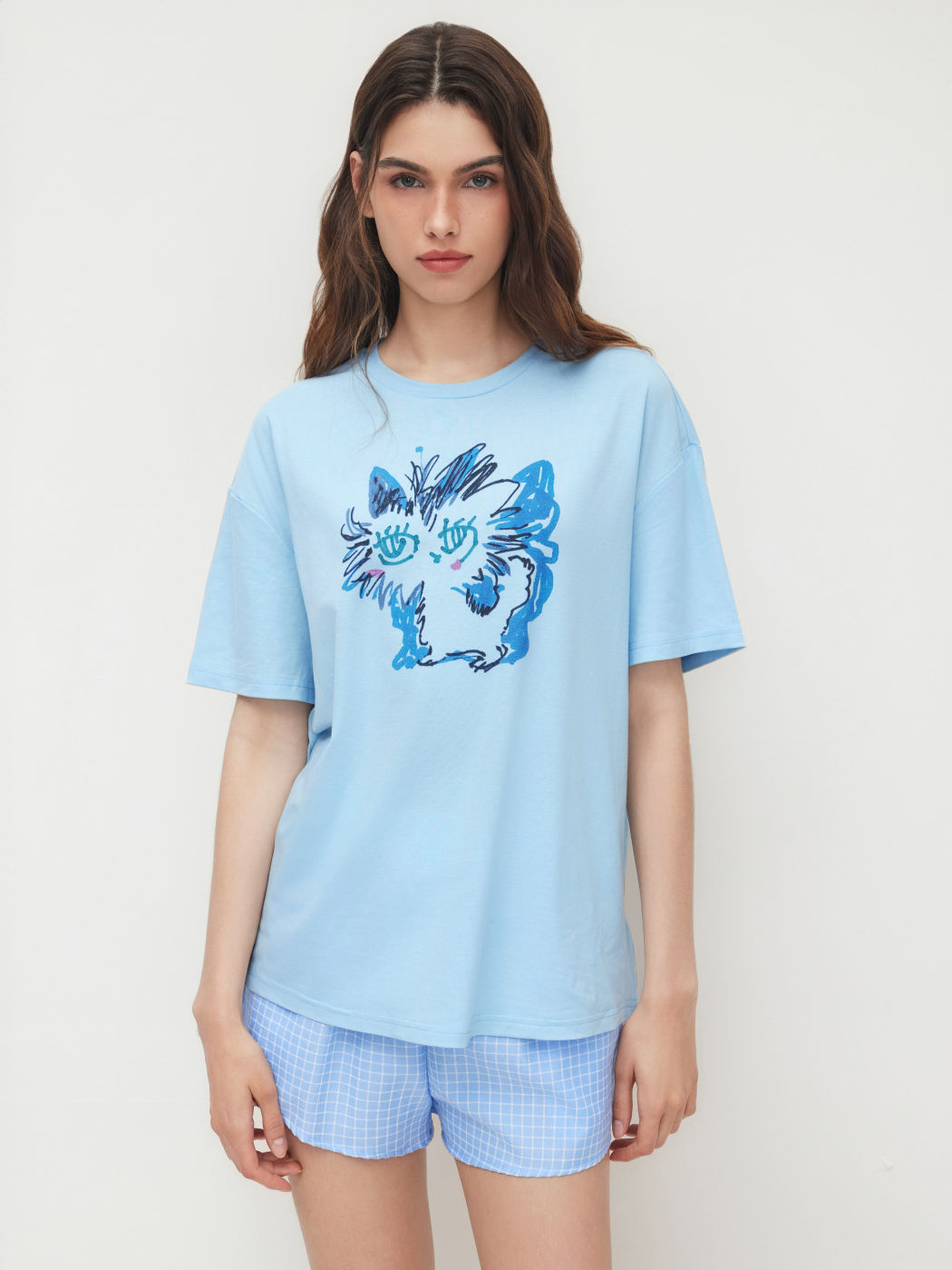 Cotton-blend Cat Graphic Oversized Tee