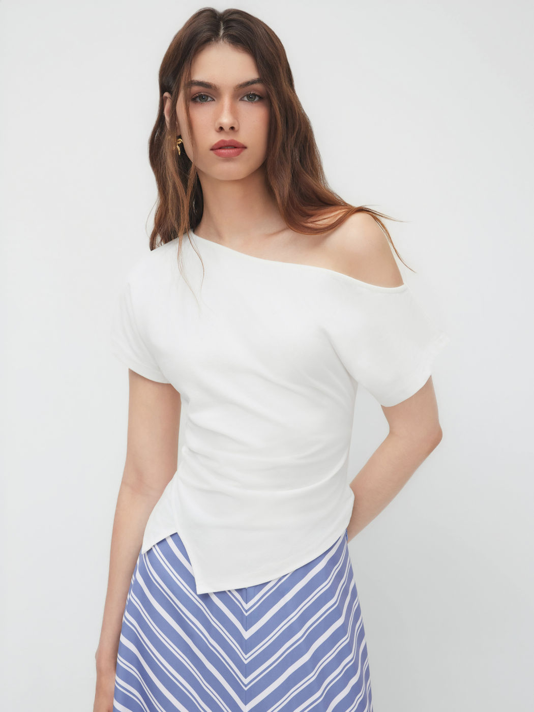Cotton-blend Asymmetrical Neck Ruched Tee