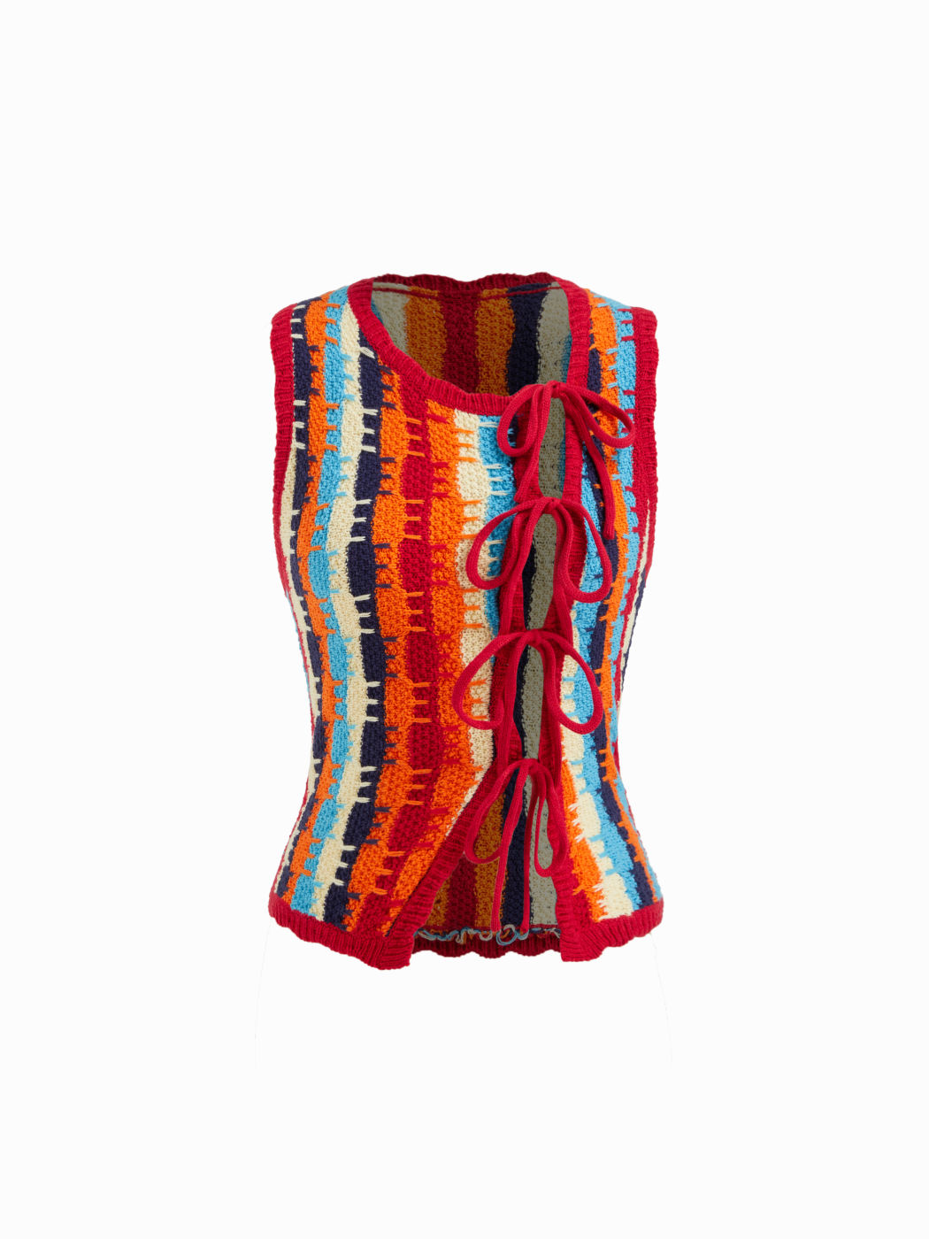 Gilet asimmetrico lavorato a maglia all'uncinetto con scollo asimmetrico, motivo a righe color block e chiusura frontale con lacci