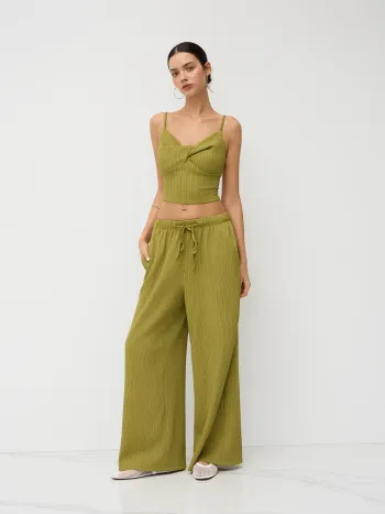 V-neck Twist Cami Top & Mid Rise Drawstring Straight Leg Trousers Set