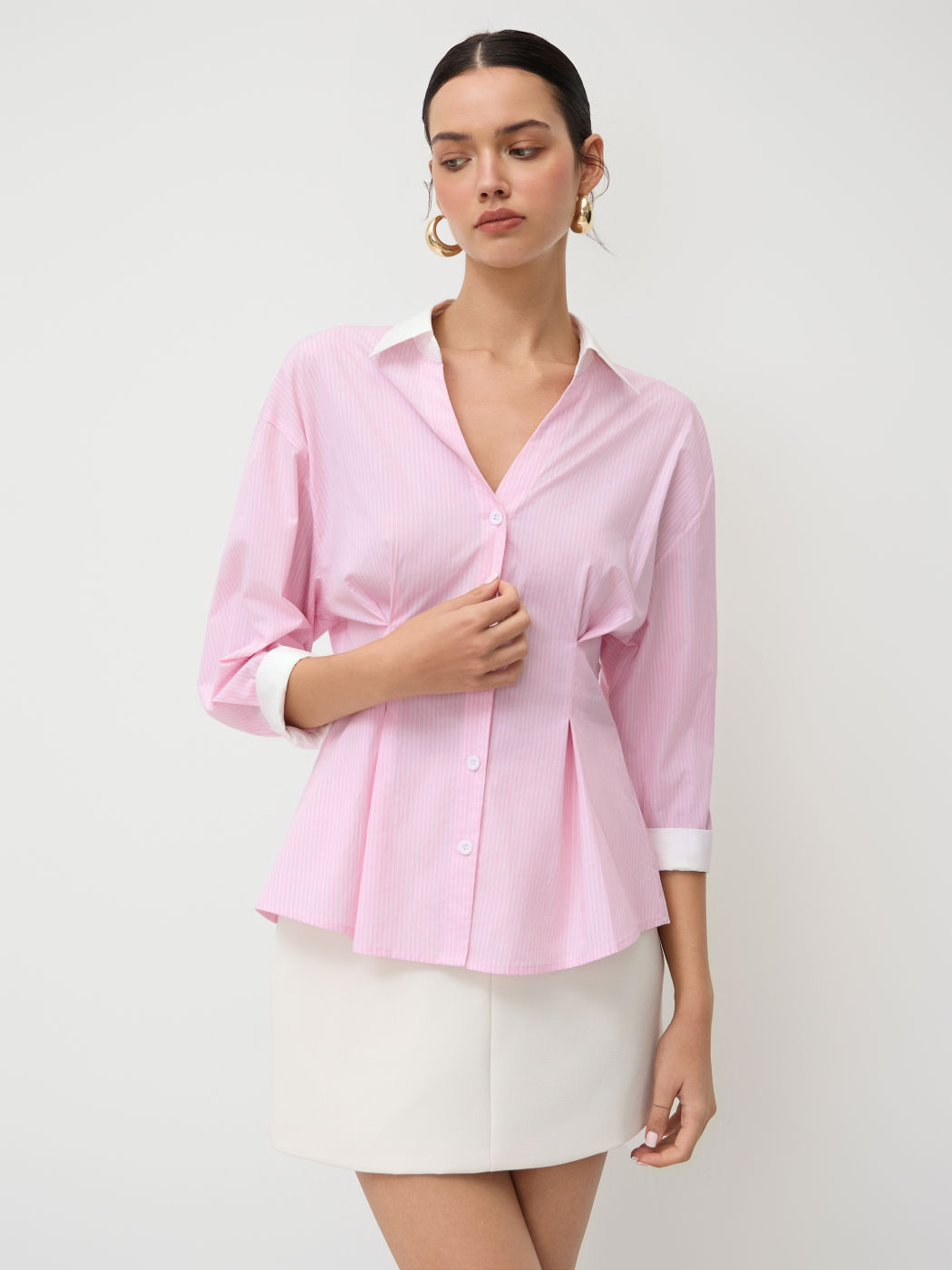 100% Cotton Polo Stripe Pleated Cinched Waist Shirt