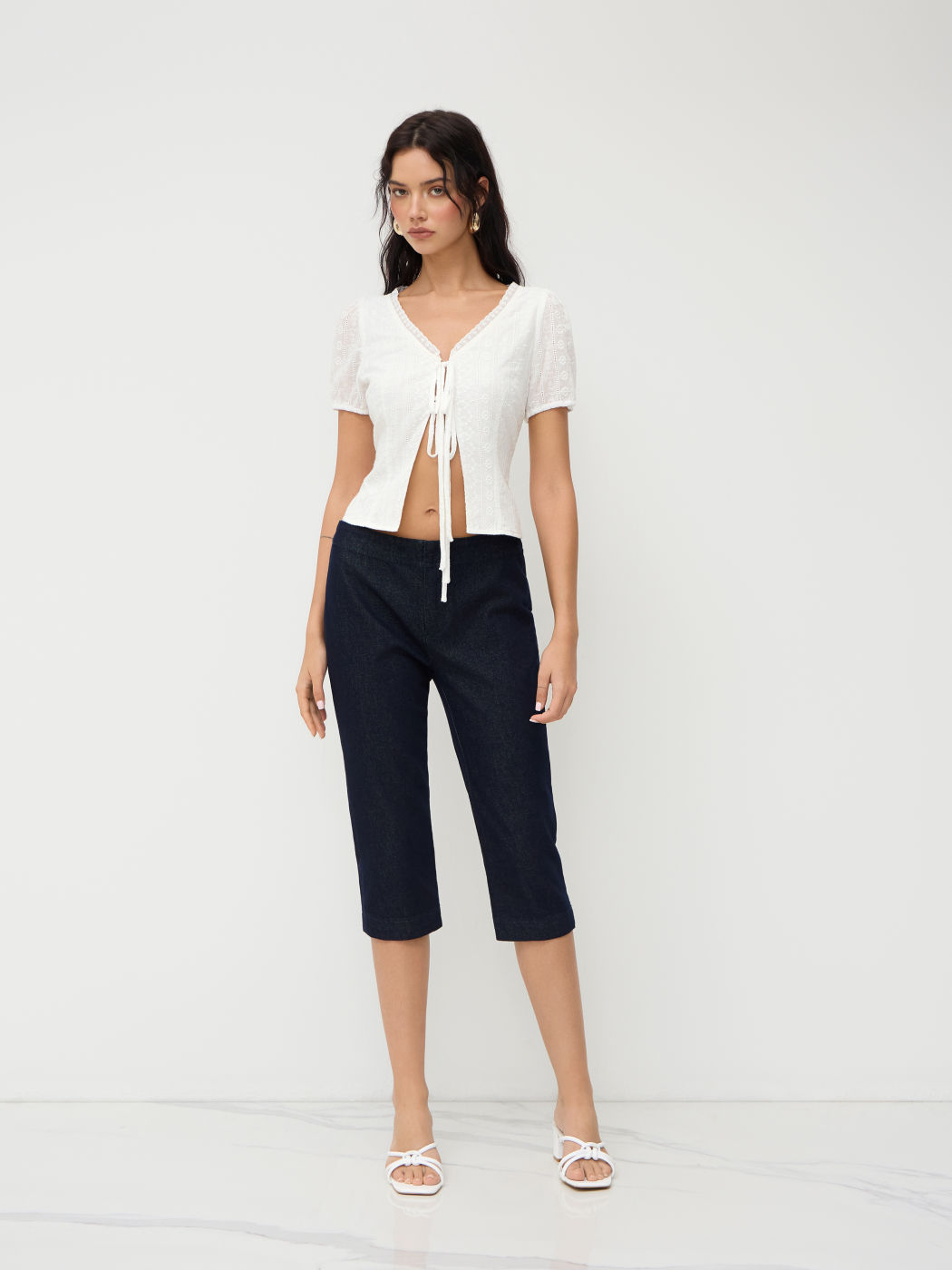 Cotton V-neck Broderie Anglaise Trim Tie Front Lace Up Blouse