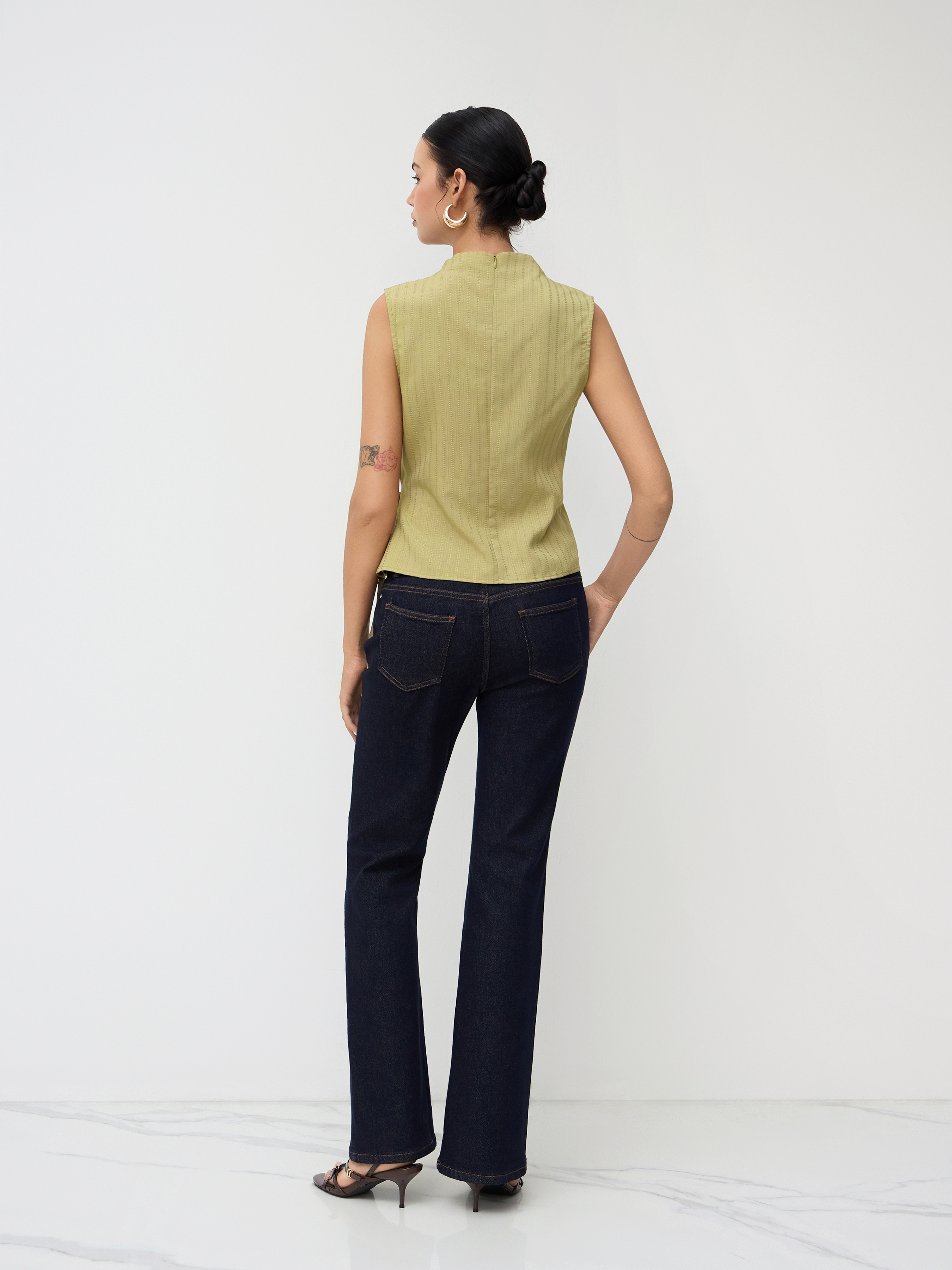 Stand Collar Texture Ruched Knotted Tank Top
