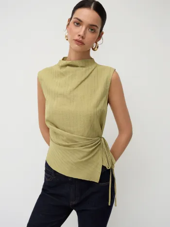 Stand Collar Texture Ruched Knotted Tank Top