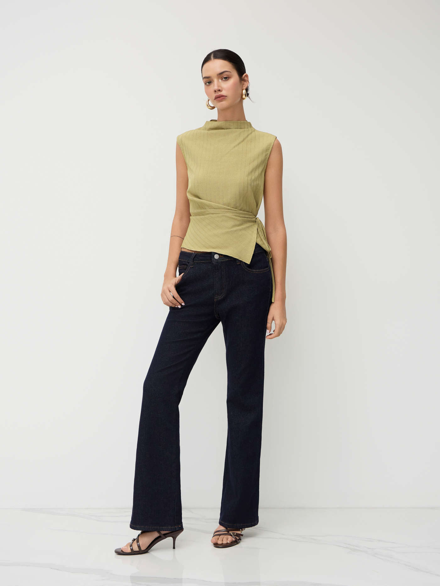 Woven Stand Collar Texture Ruched Knotted Tank Top For Work