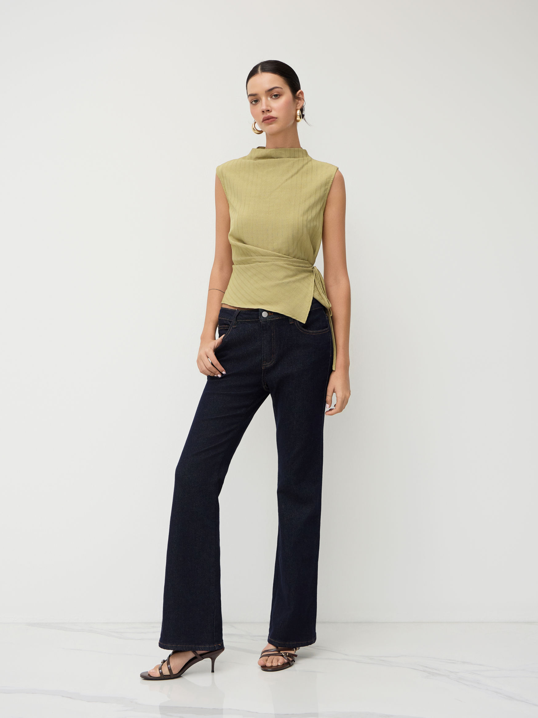 Stand Collar Texture Ruched Knotted Tank Top