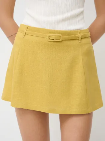 Linen-blend Mid Rise Mini Skirt With Belt